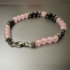 Pink and smoky grey natural stone bracelet, with silver accents. Handmade quartz